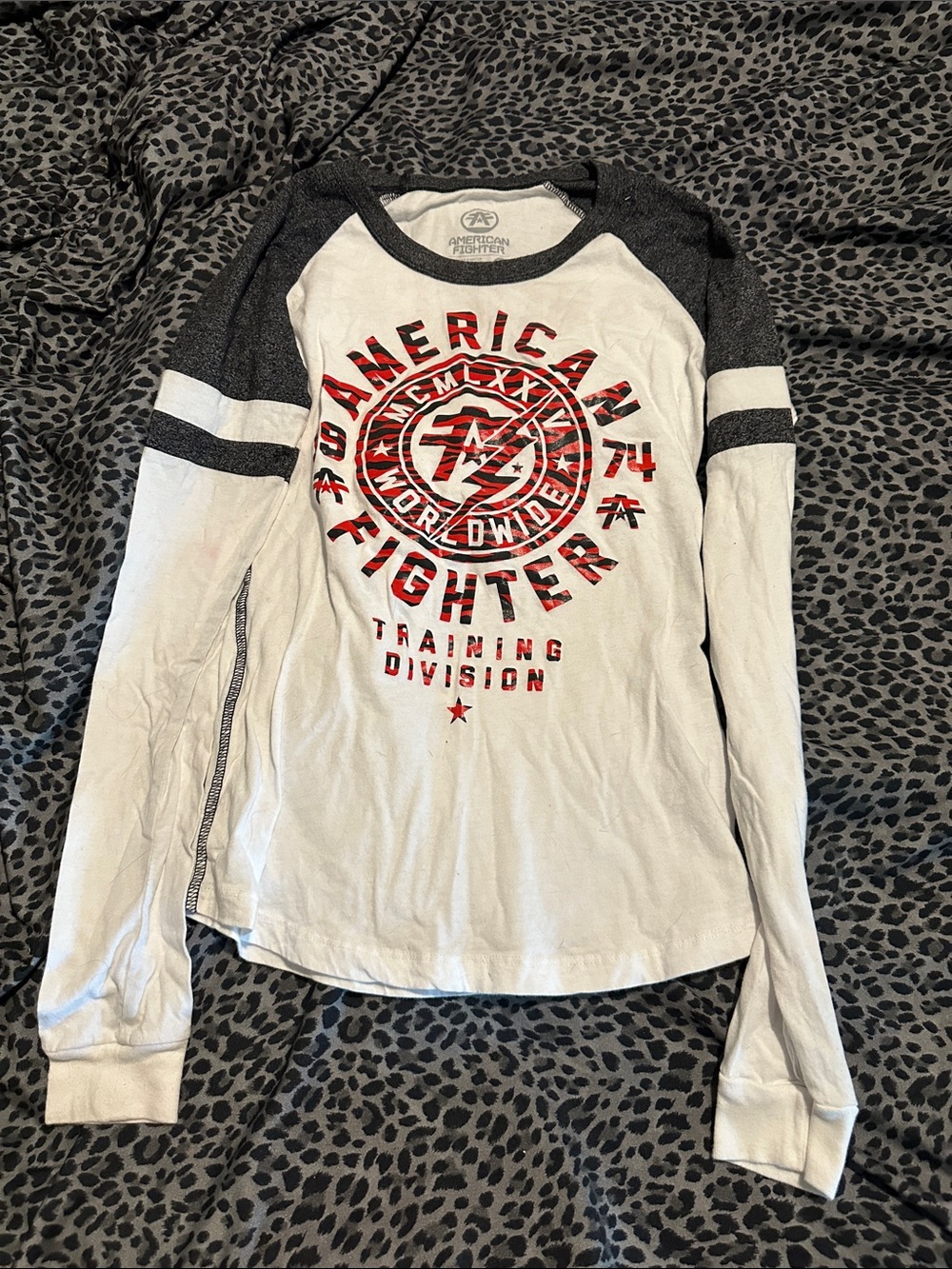 American Fighter White & Charcoal Raglan Long Sleeve Tee with Red Graphic